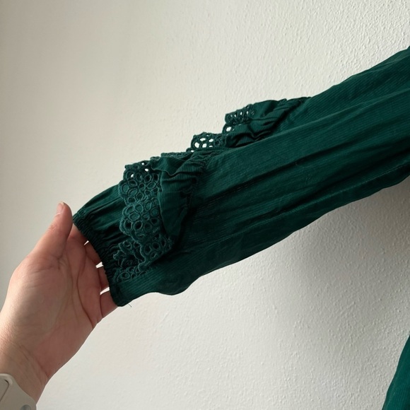 Green J crew embroidered eyelet ruffle sleeve mock neck blouse sz s - Picture 10 of 15